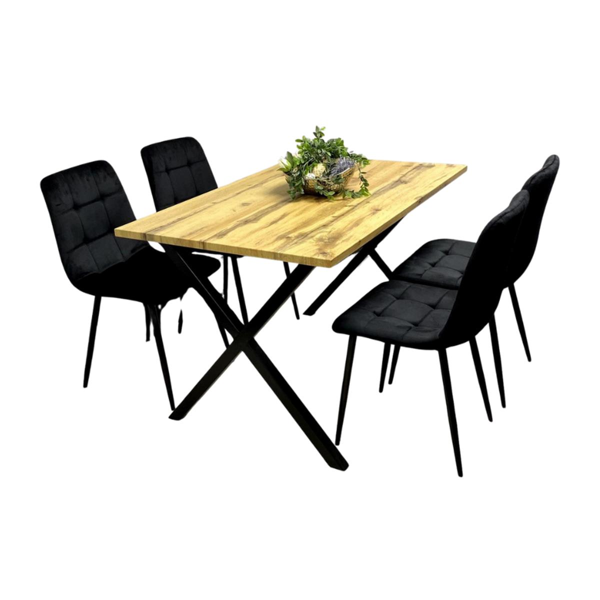 Modern Dining Table Set with 4 Black Velvet Chairs Wood Effect Tabletop - Brown