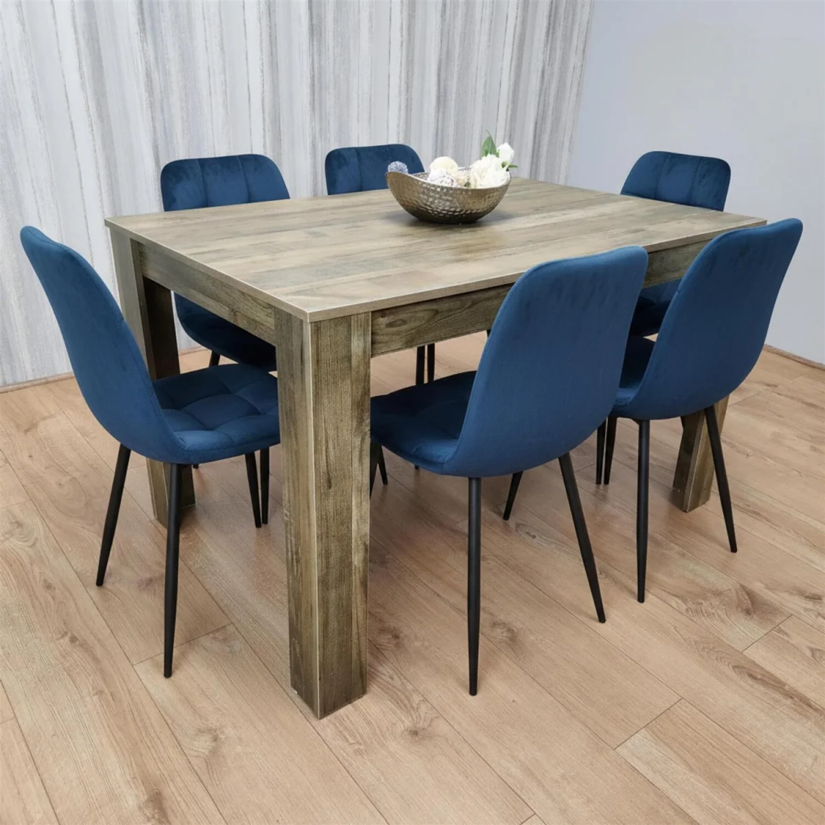Rustic Wooden Dining Table Set with 6 Blue Chairs Modern Dining Furniture - Brown – image 1