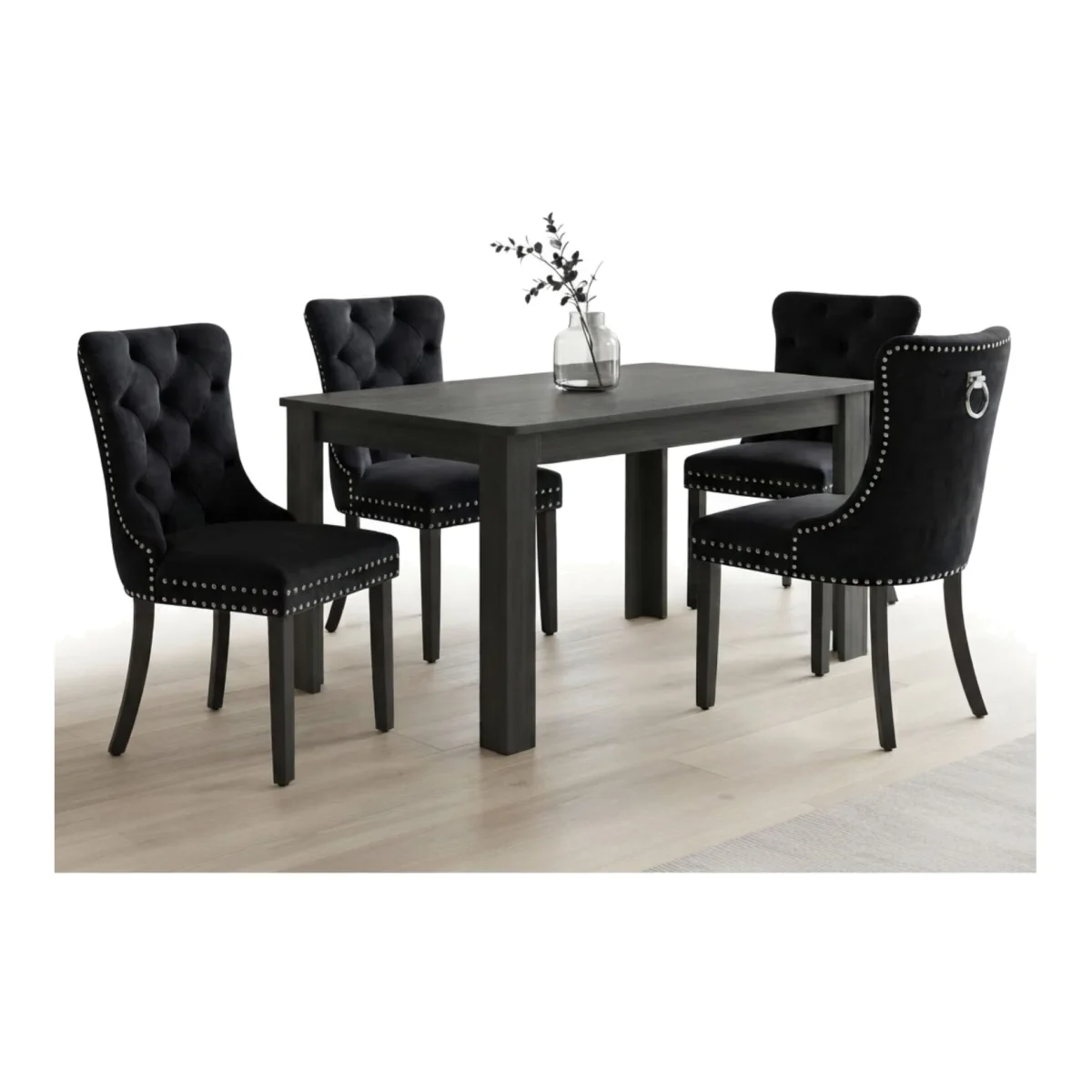 High Back 4 Seater Dining Set with Arrow Charcoal Table and 4 Black Button Velvet Chairs with Studs - Black – image 1