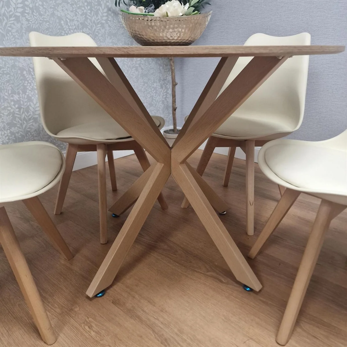 4 Seater Round Dining Table with 4 Cream Chairs Wood Effect X Legs Kitchen Dining Room Furniture Set - Brown – image 2