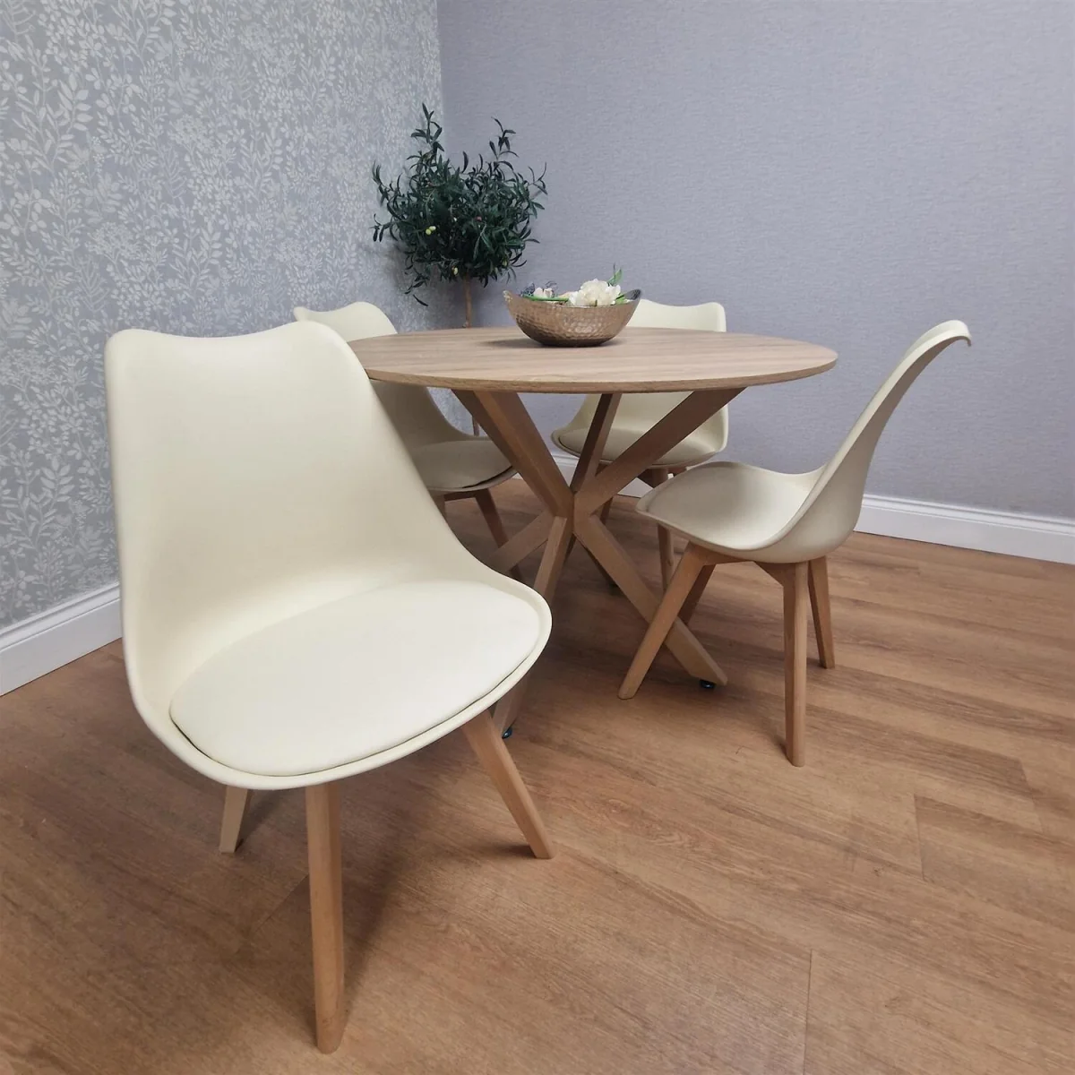 4 Seater Round Dining Table with 4 Cream Chairs Wood Effect X Legs Kitchen Dining Room Furniture Set - Brown – image 3