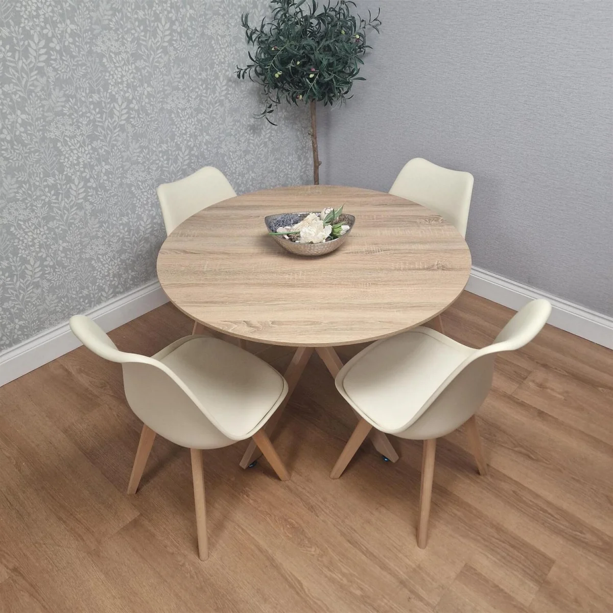 4 Seater Round Dining Table with 4 Cream Chairs Wood Effect X Legs Kitchen Dining Room Furniture Set - Brown – image 4