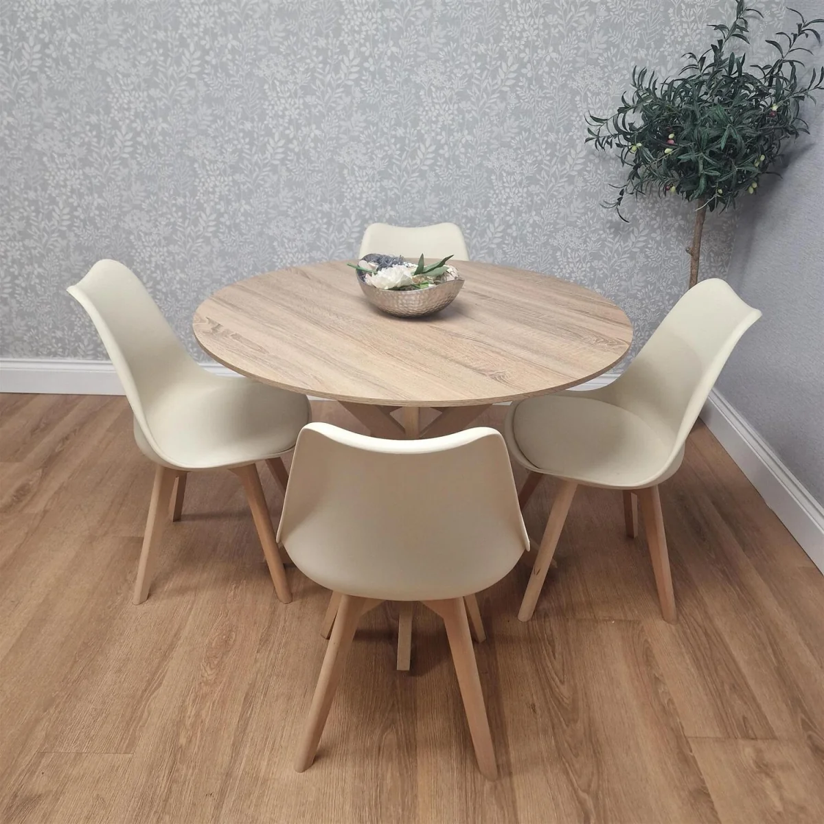 4 Seater Round Dining Table with 4 Cream Chairs Wood Effect X Legs Kitchen Dining Room Furniture Set - Brown – image 5