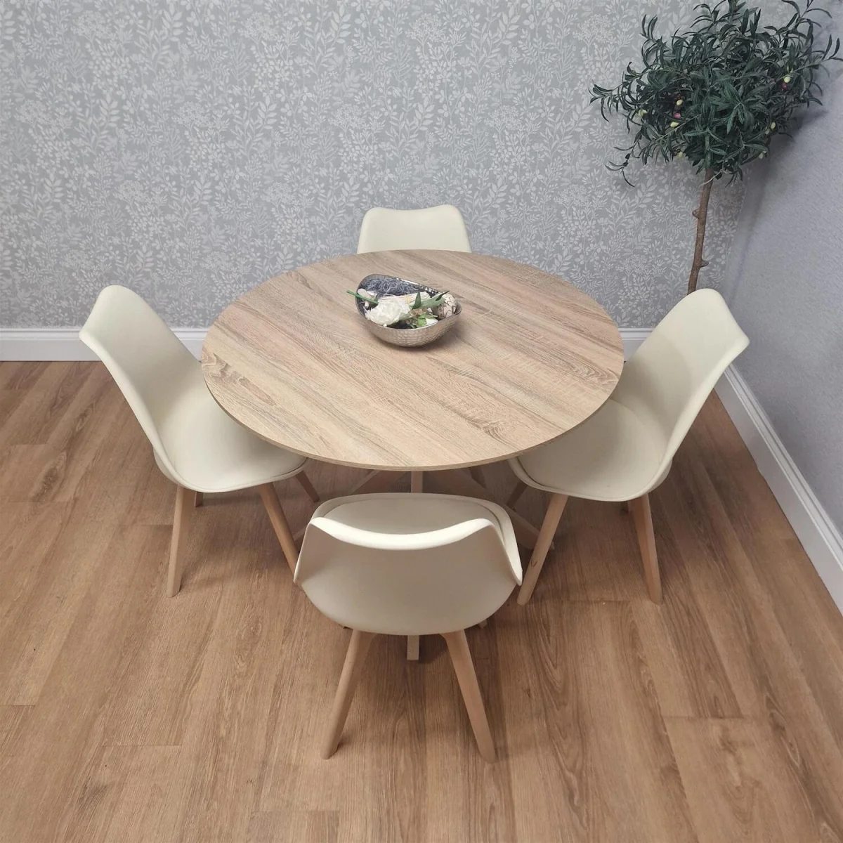 4 Seater Round Dining Table with 4 Cream Chairs Wood Effect X Legs Kitchen Dining Room Furniture Set - Brown – image 6