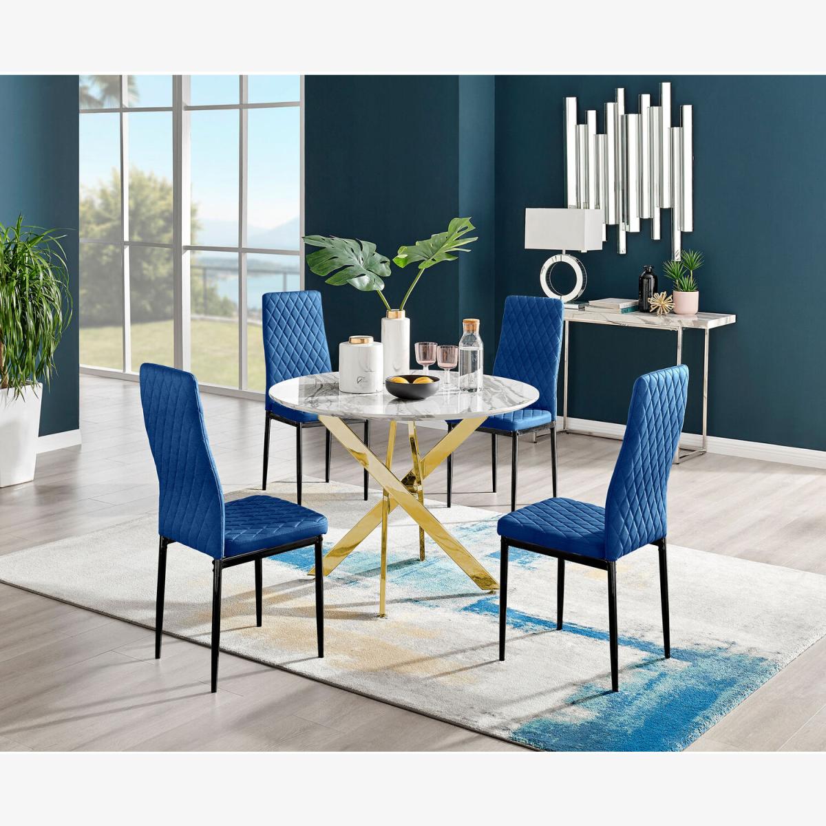 Novara White Marble Gold Leg Round Dining Table 4 Milan Black Leg Chairs - Navy