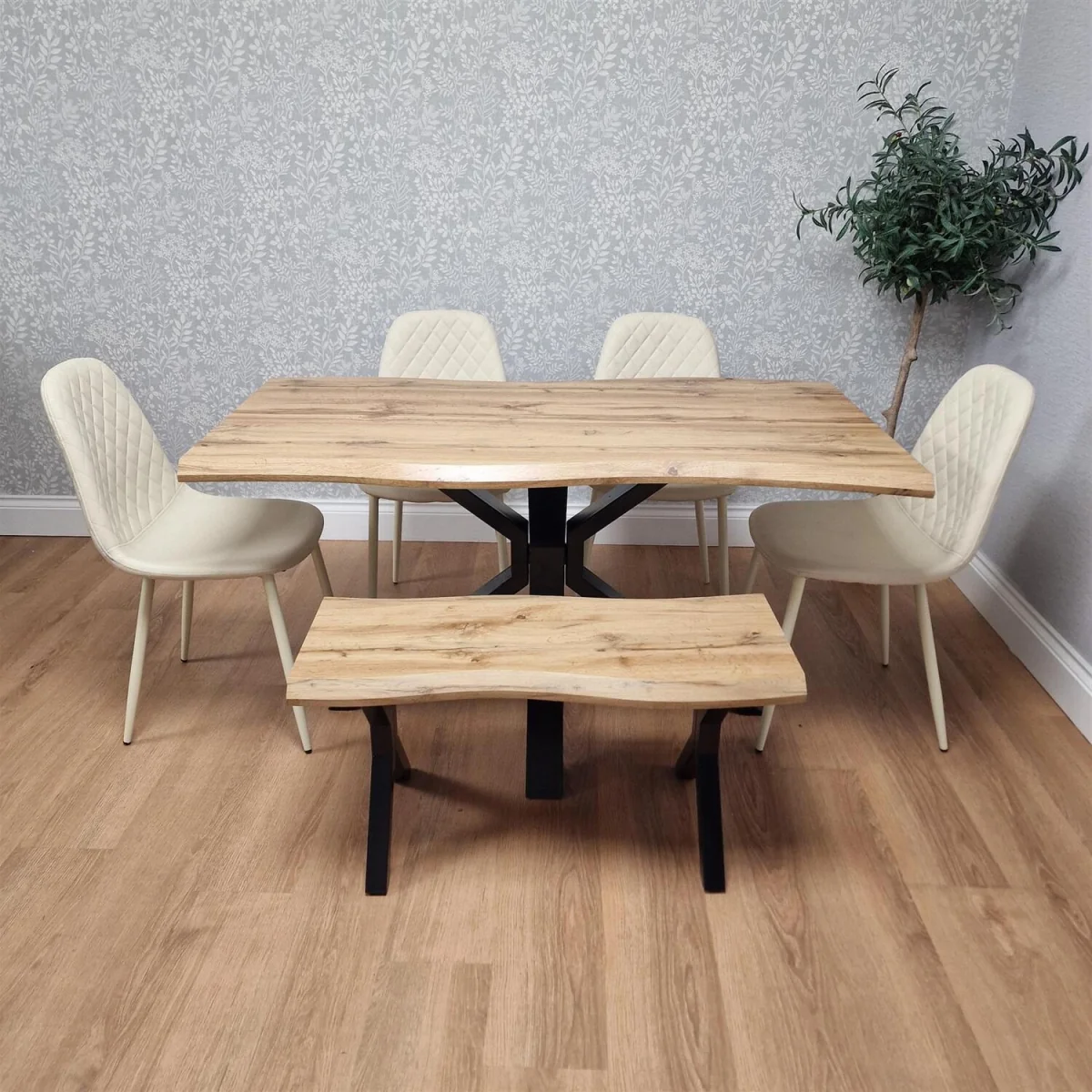 Modern Dining Table with 4 Cream Chairs and 1 Bench Dining Table Set for Kitchen and Dining Room - Brown – image 3