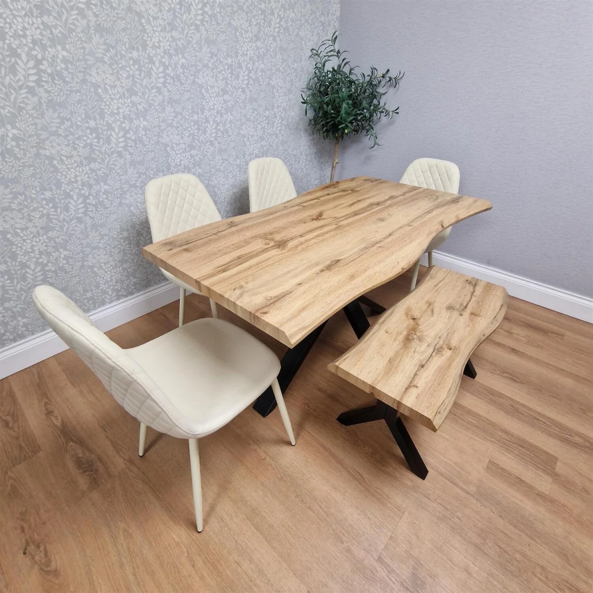 Modern Dining Table with 4 Cream Chairs and 1 Bench Dining Table Set for Kitchen and Dining Room - Brown – image 4