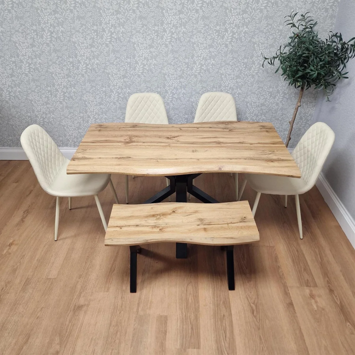 Modern Dining Table with 4 Cream Chairs and 1 Bench Dining Table Set for Kitchen and Dining Room - Brown – image 1