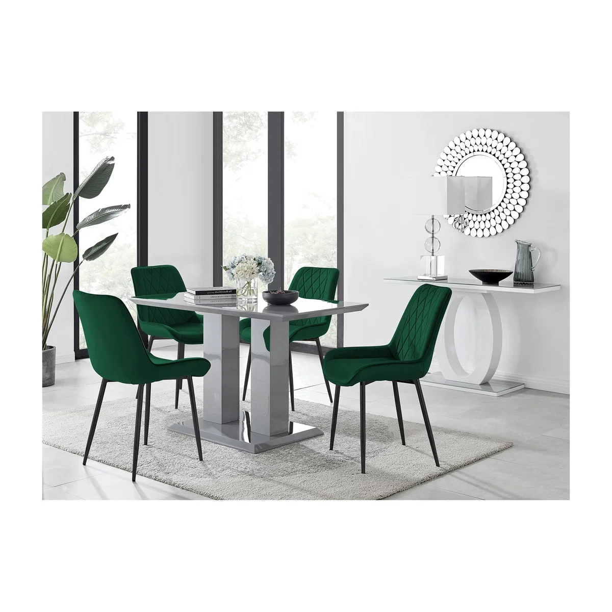 Imperia 4 Grey Dining Table and 4 Pesaro Black Leg Chairs - Green – image 1