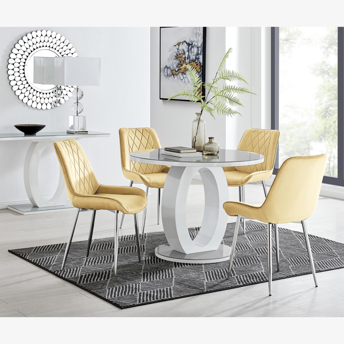 Giovani Round Grey 100cm Table and 4 Pesaro Silver Leg Chairs - Mustard – image 1