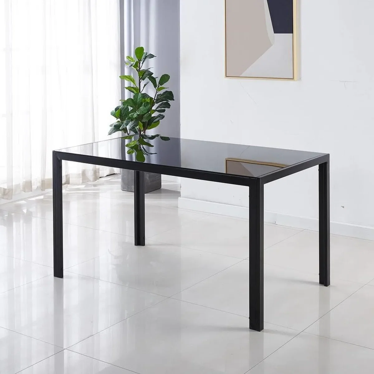 Black Glass Dining Table Set with 4 Black White Striped Chairs - Black
