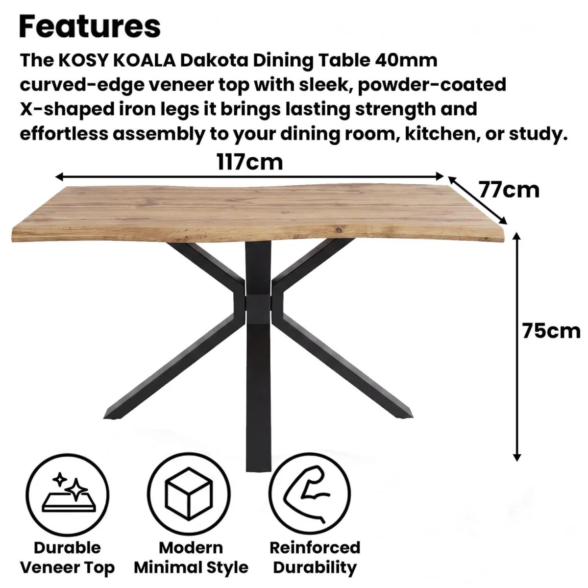 Rustic Wood-Effect Wavy X-Shaped Legs Dining Table Set with 4 Grey Velvet Chairs, 117cm Length - Brown – image 2