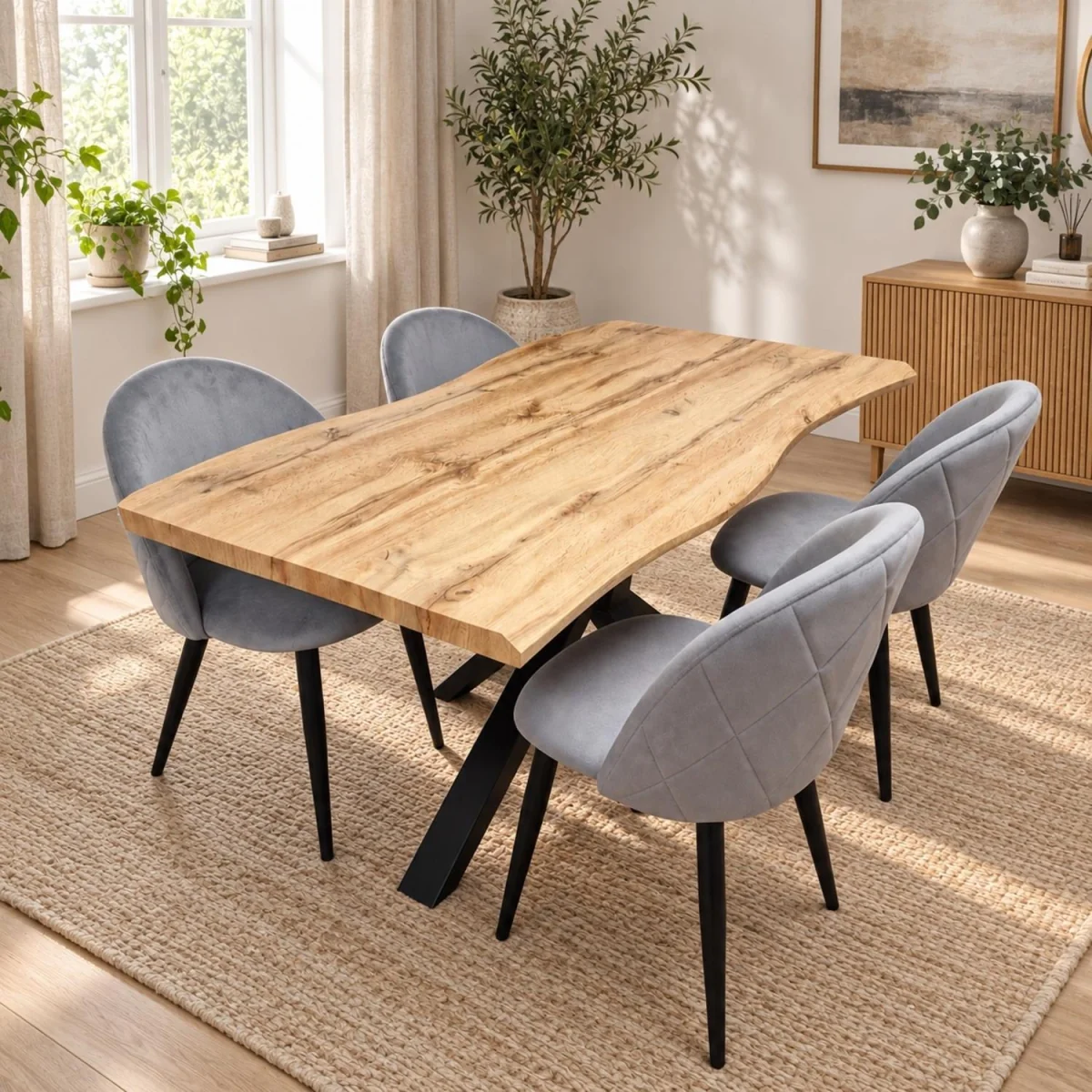 Rustic Wood-Effect Wavy X-Shaped Legs Dining Table Set with 4 Grey Velvet Chairs, 117cm Length - Brown – image 1
