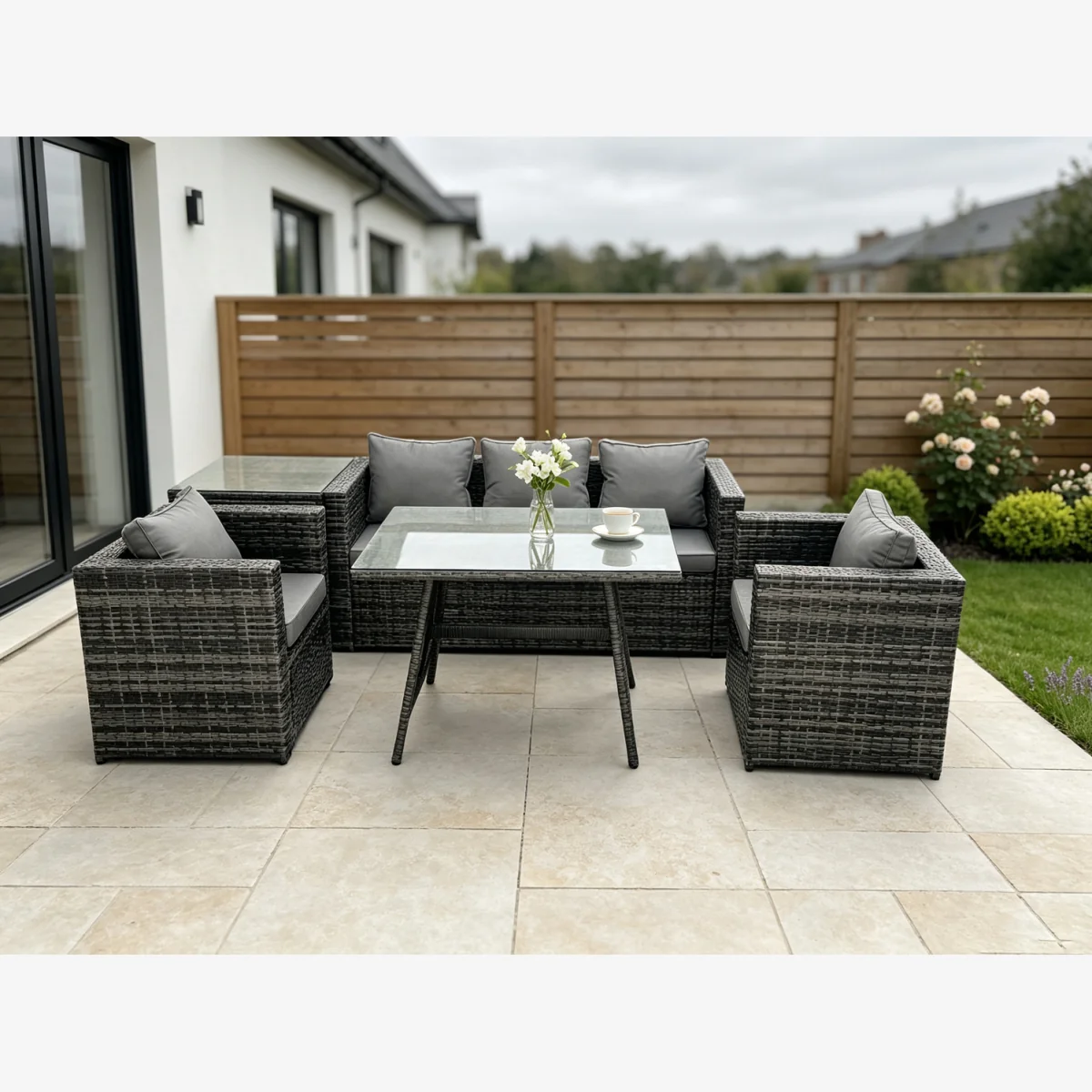 Fimous 5-Seater Rattan Dining Set with Sofa & Side Table - Dark Grey
