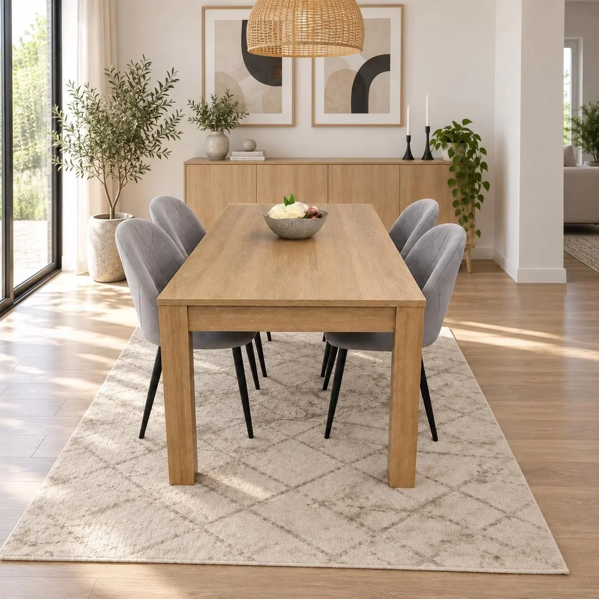 Light Oak Effect Dining Table Set with 4 Grey Velvet Chairs, 140x80x75 cm - Brown – image 1