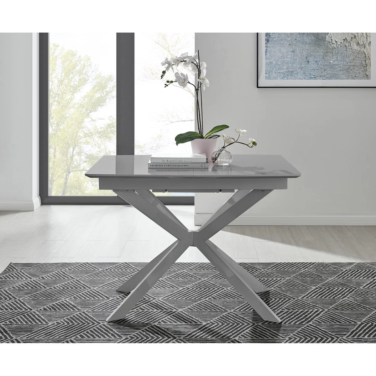 Lira 100cm Grey Metal Extending Dining Table 4 Pesaro Black Leg Chairs - Blue – image 11