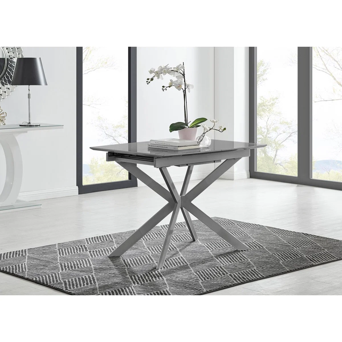Lira 100cm Grey Metal Extending Dining Table 4 Pesaro Black Leg Chairs - Blue – image 8