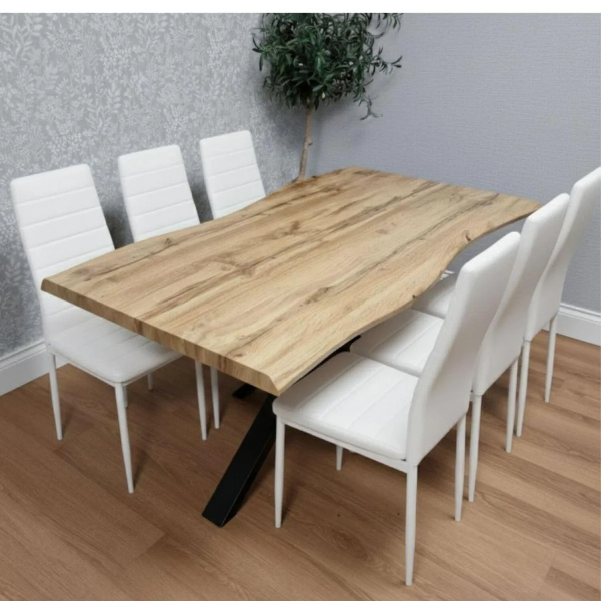 Modern Dining Table with 6 White faux leather padded Chairs Kitchen Furniture - Brown – image 1