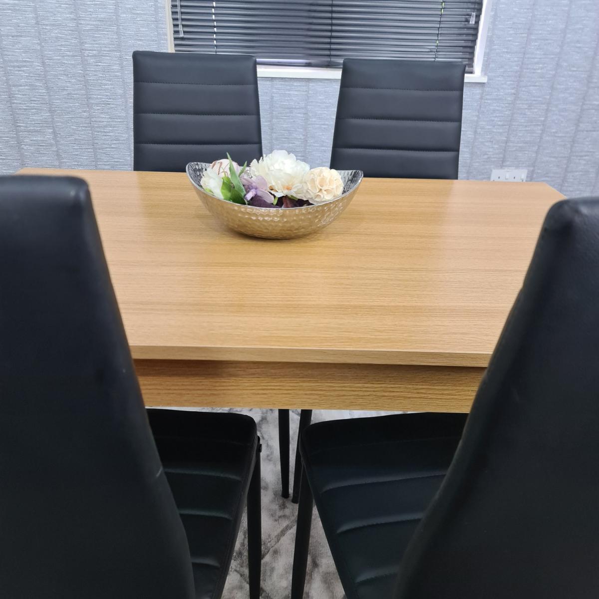Oak Dining Table and 4 Black Metal Faux Leather Chairs - Oak Effect – image 2