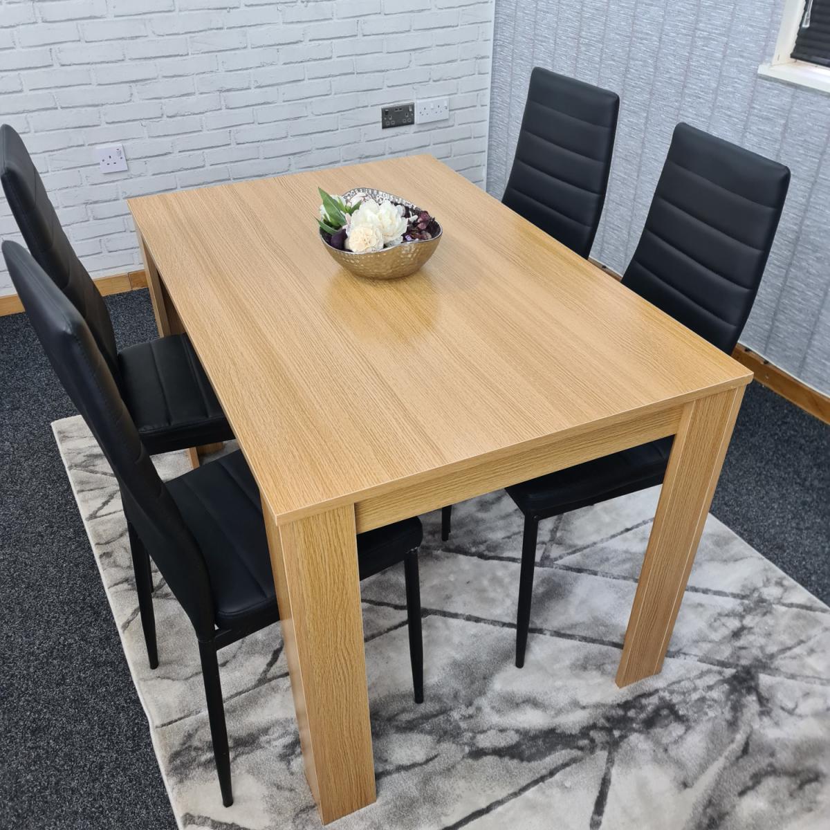 Oak Dining Table and 4 Black Metal Faux Leather Chairs - Oak Effect – image 3