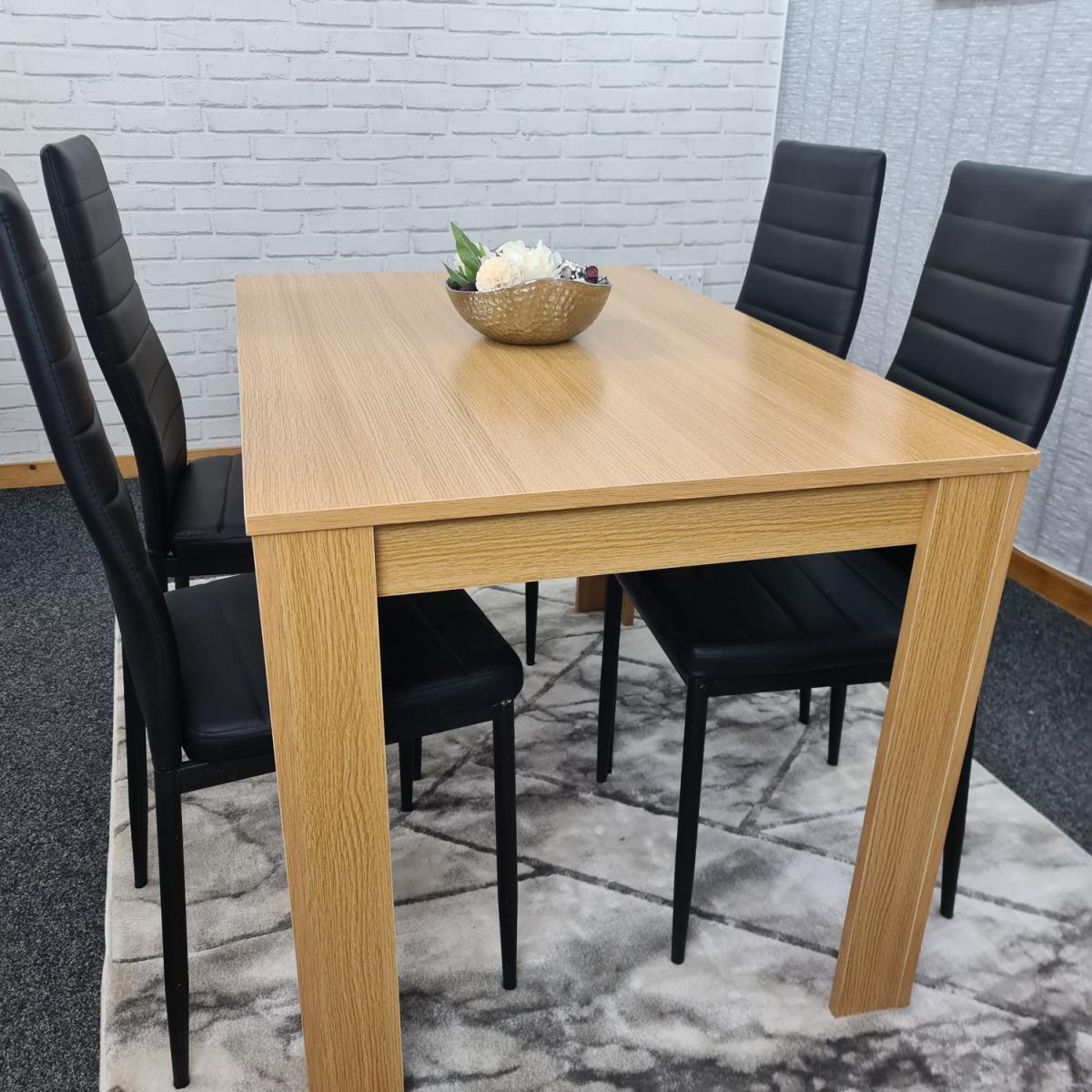 Oak Dining Table and 4 Black Metal Faux Leather Chairs - Oak Effect – image 4