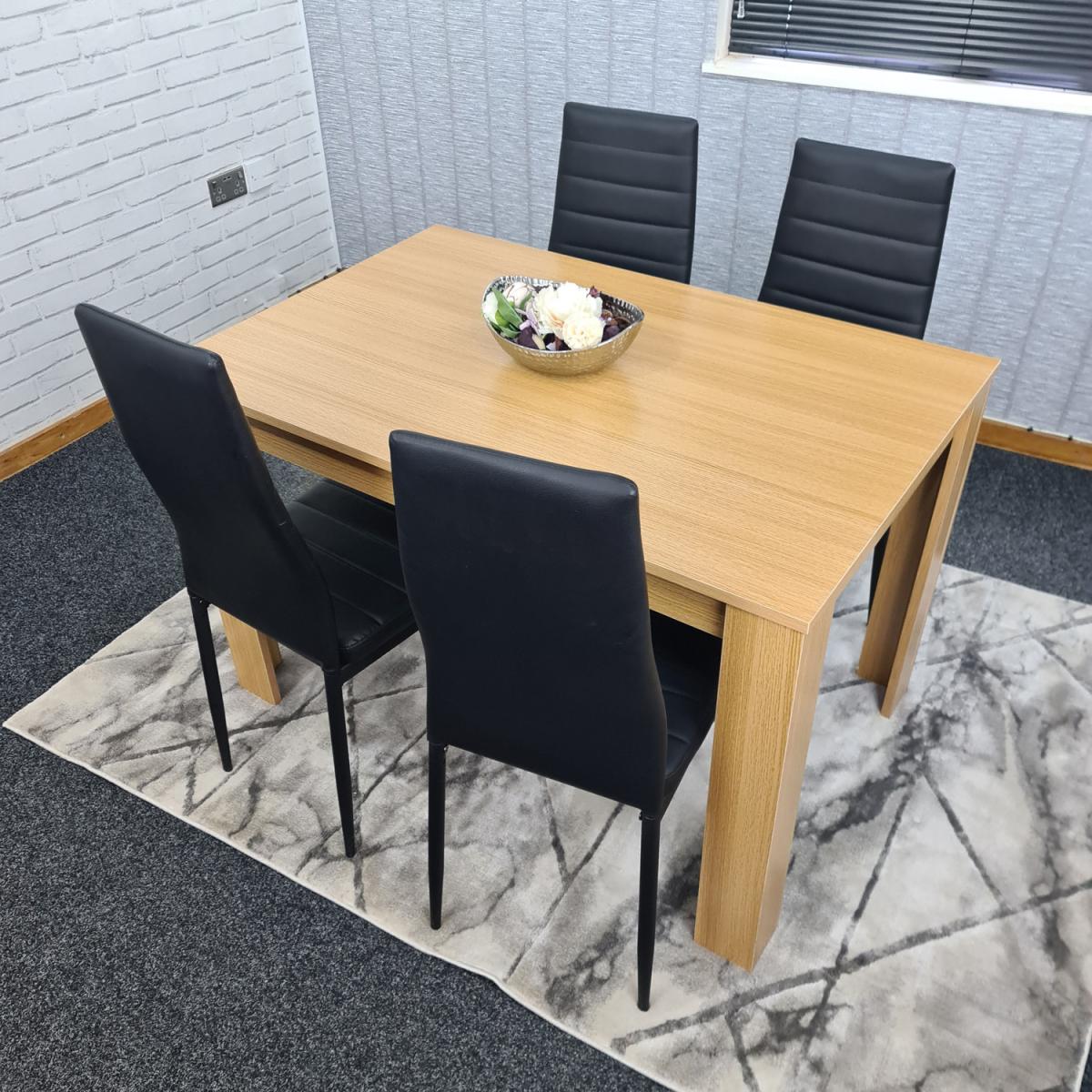 Oak Dining Table and 4 Black Metal Faux Leather Chairs - Oak Effect – image 5