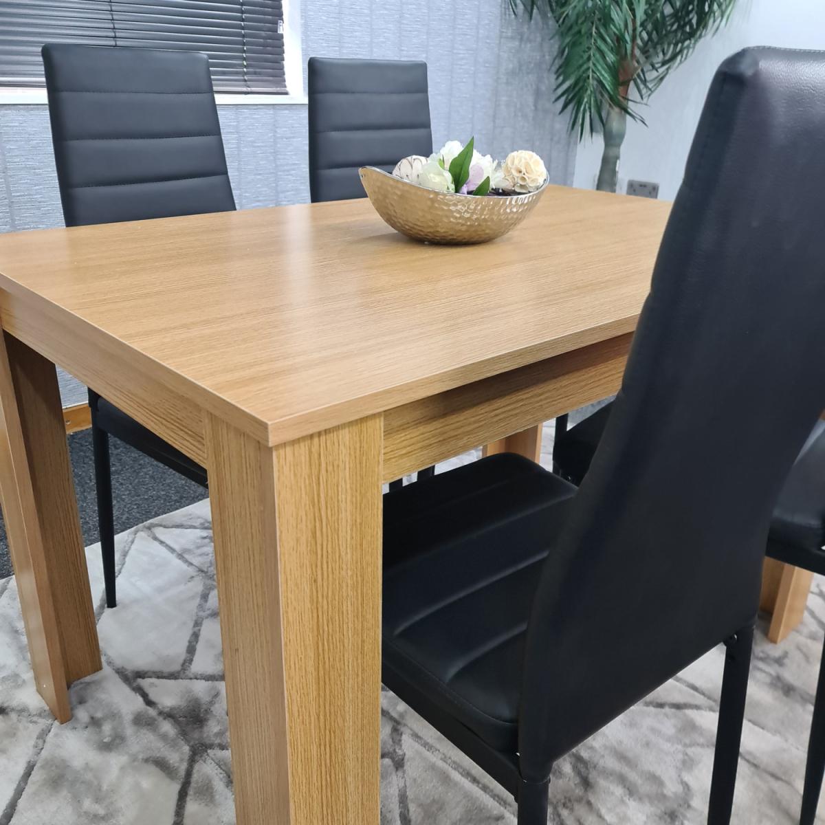 Oak Dining Table and 4 Black Metal Faux Leather Chairs - Oak Effect – image 6
