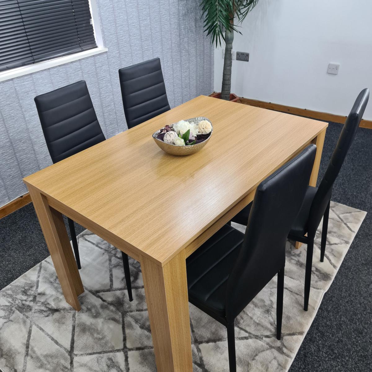 Oak Dining Table and 4 Black Metal Faux Leather Chairs - Oak Effect – image 7