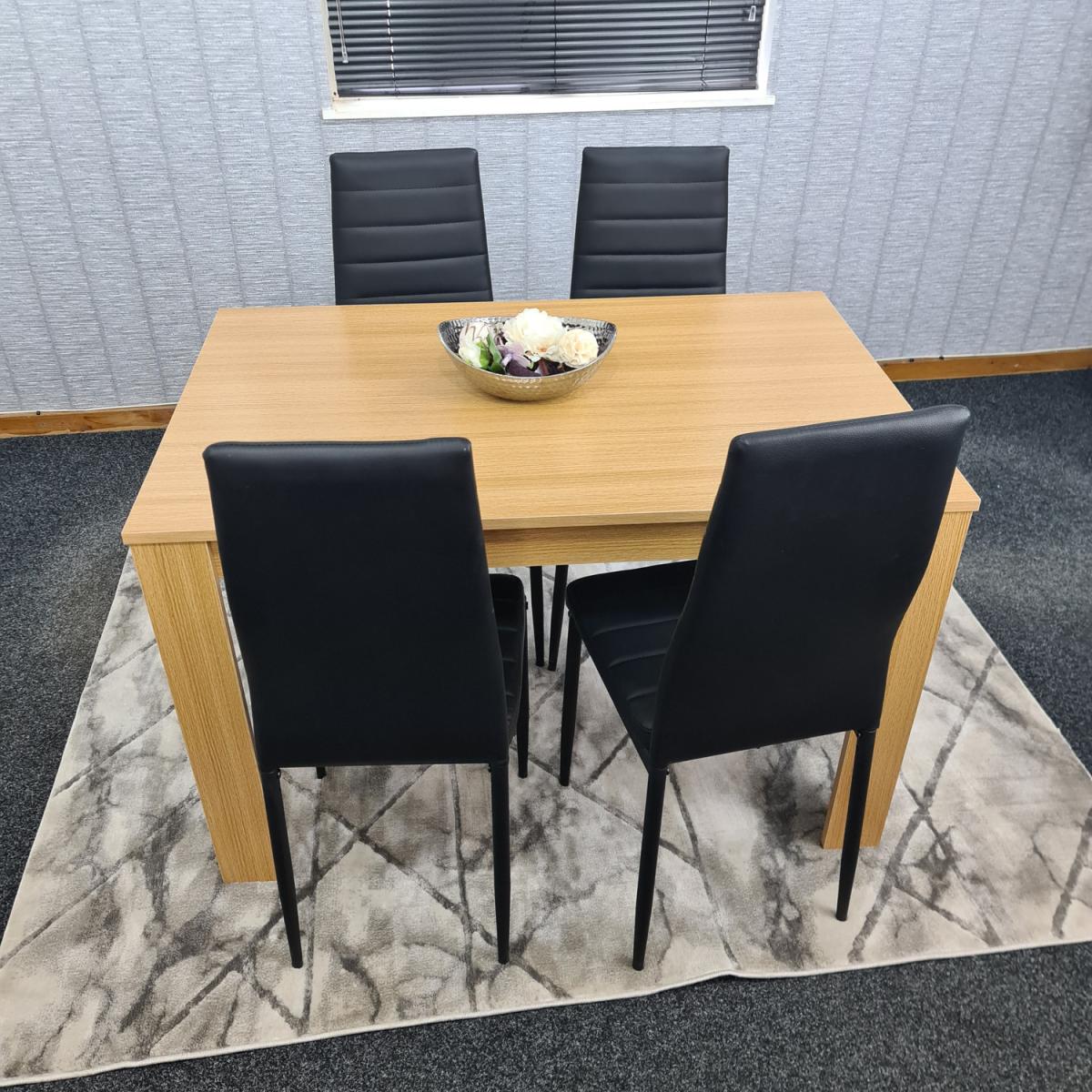 Oak Dining Table and 4 Black Metal Faux Leather Chairs - Oak Effect – image 1