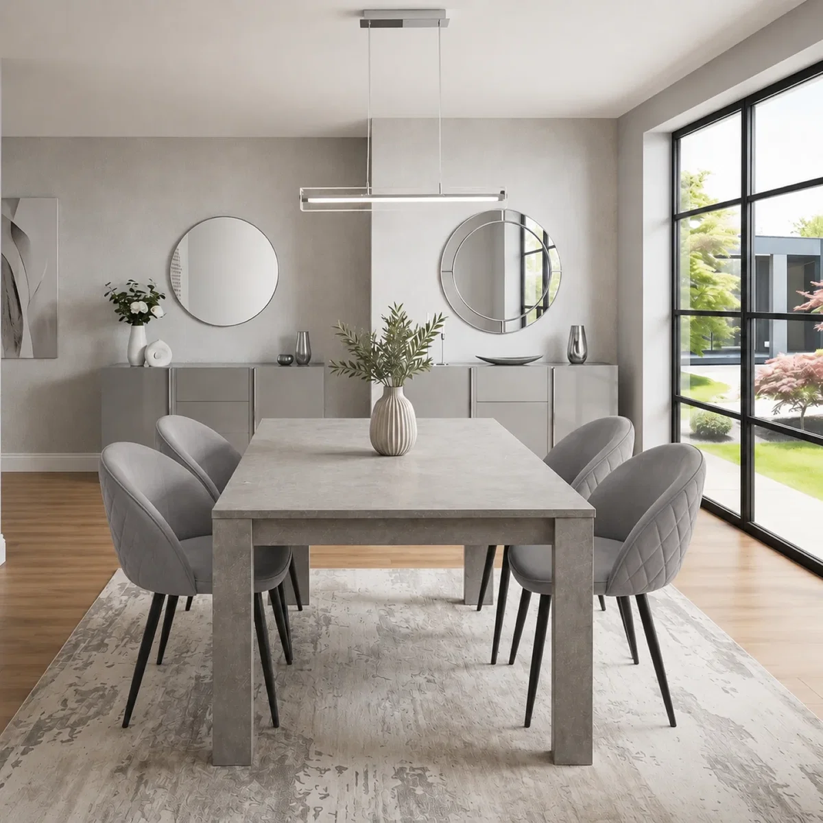 Light Stone Grey Effect Dining Table Set with 4 Grey Velvet Chairs, 117x77x75cm - Brown – image 1