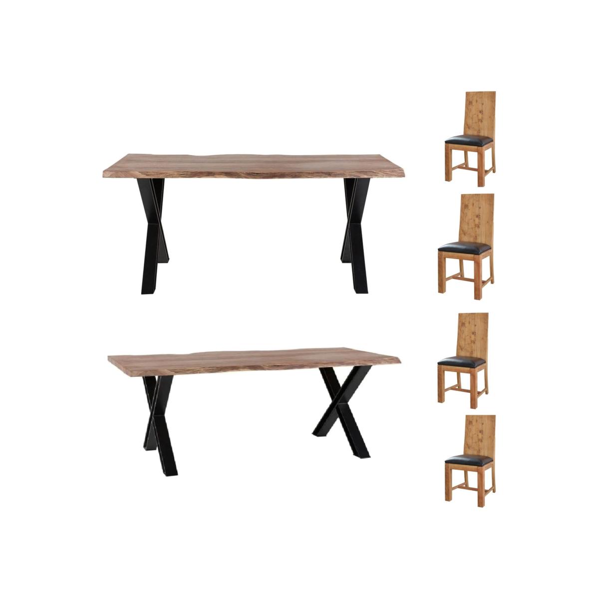 Live Edge Large Acacia Wooden Dining Table Set With 4 Chairs And 1 Bench - Light Wood
