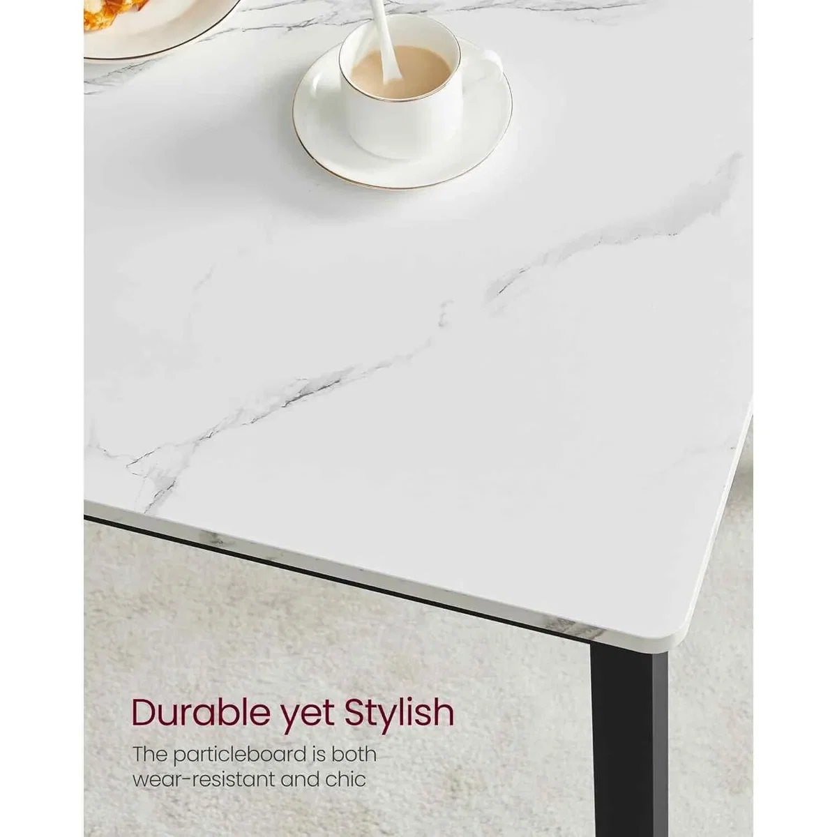 3 Piece Dining Table and Bench Set for 4, White & Black - Marble White, Ink Black – image 2