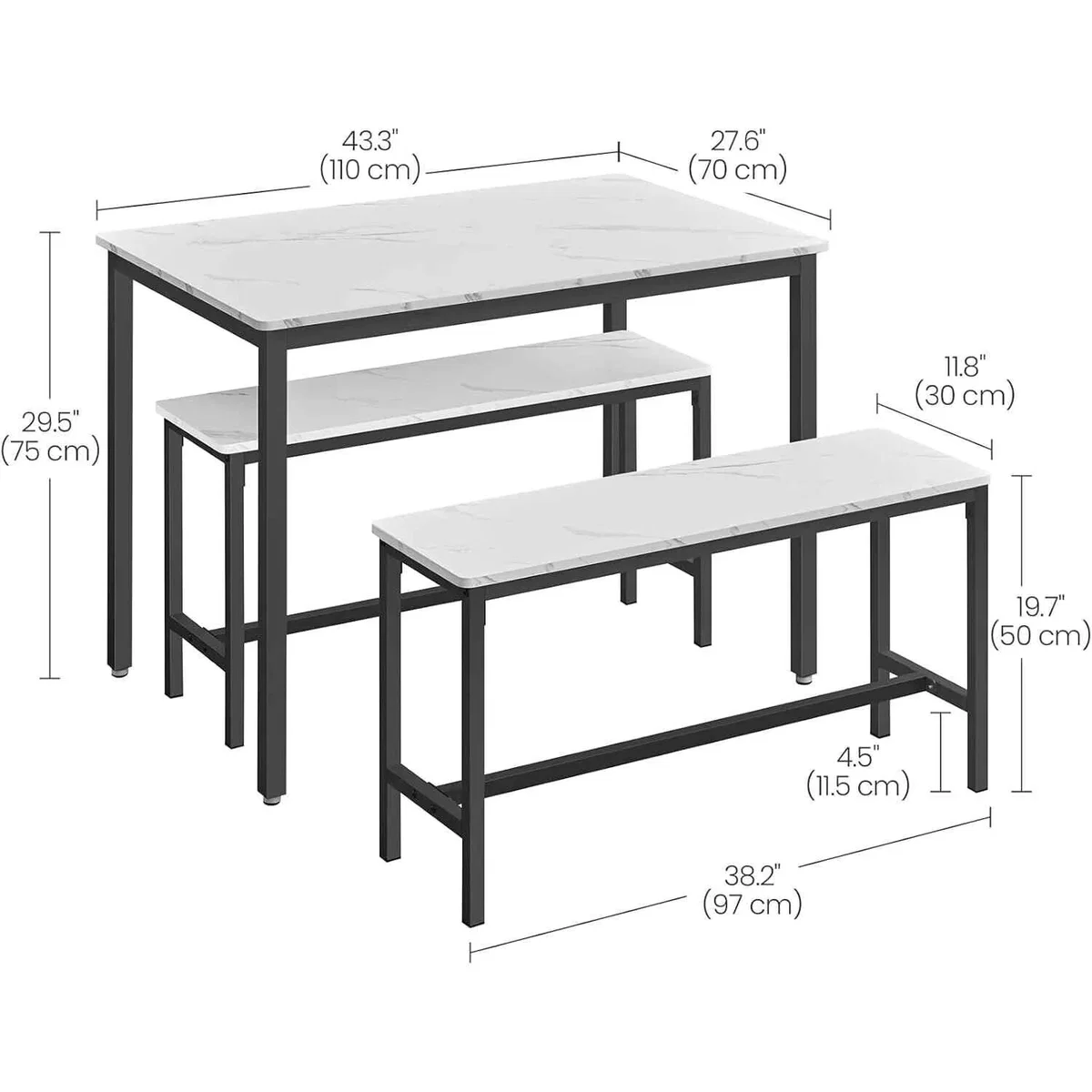 3 Piece Dining Table and Bench Set for 4, White & Black - Marble White, Ink Black – image 3