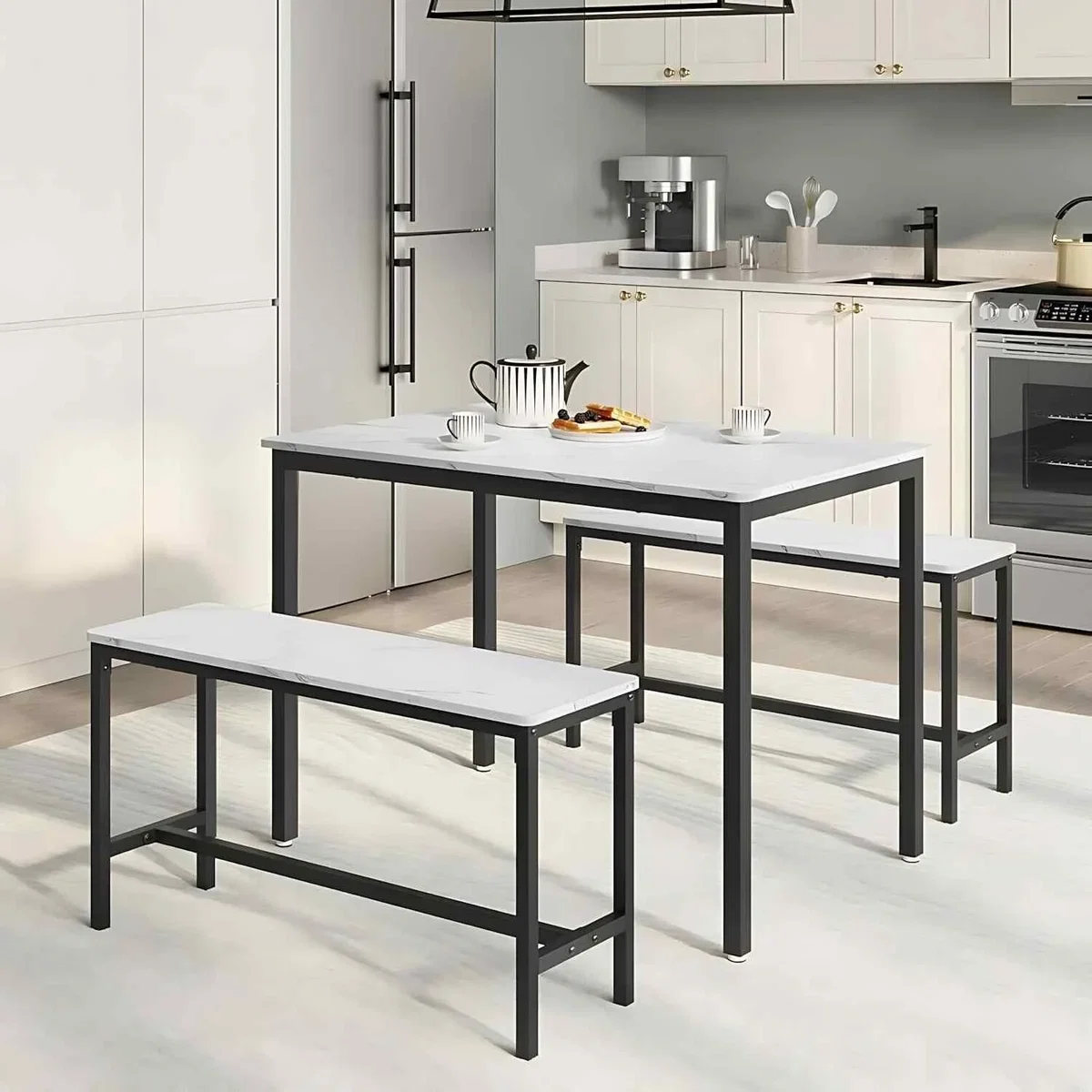 3 Piece Dining Table and Bench Set for 4, White & Black - Marble White, Ink Black – image 5