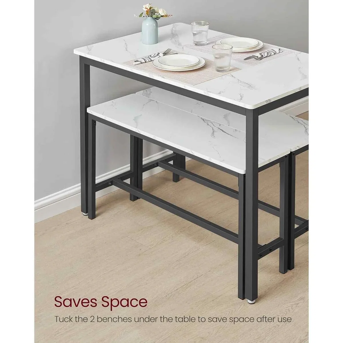 3 Piece Dining Table and Bench Set for 4, White & Black - Marble White, Ink Black – image 6