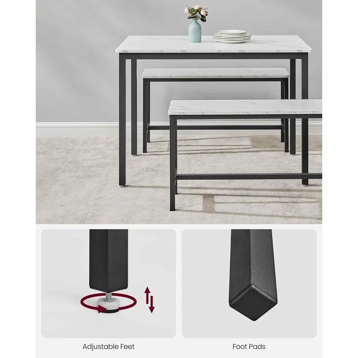 3 Piece Dining Table and Bench Set for 4, White & Black - Marble White, Ink Black – image 7