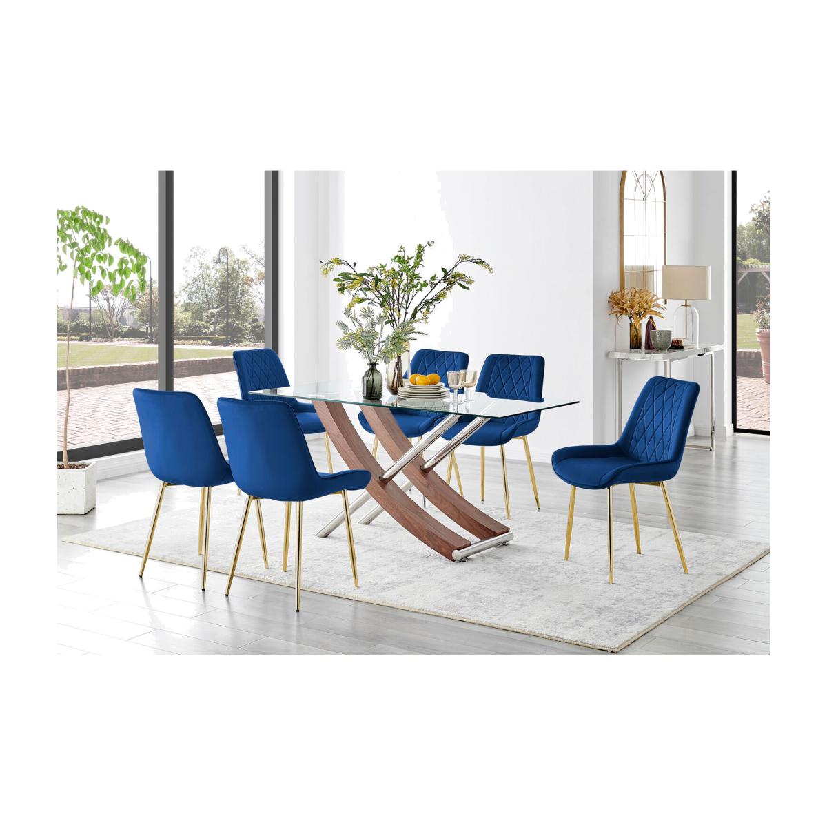 Mayfair Glass and Brown Wood Effect Dining Table and 6 Pesaro Gold Leg Chairs - Navy