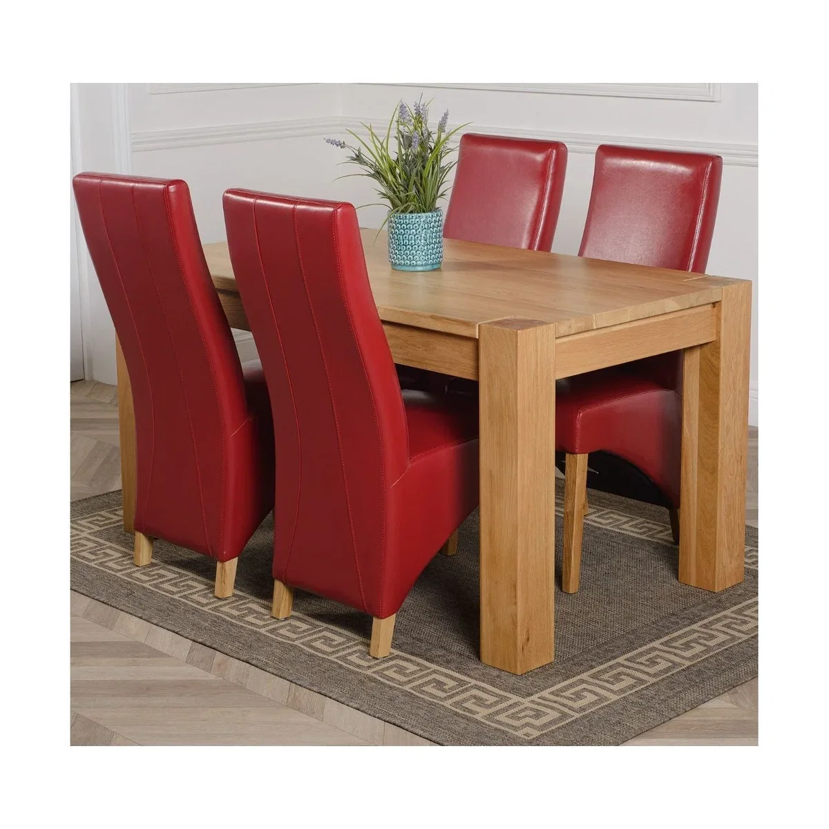 Kuba 150 x 85 cm Chunky Medium Oak Dining Table and 4 Lola Leather Chairs - Red – image 33