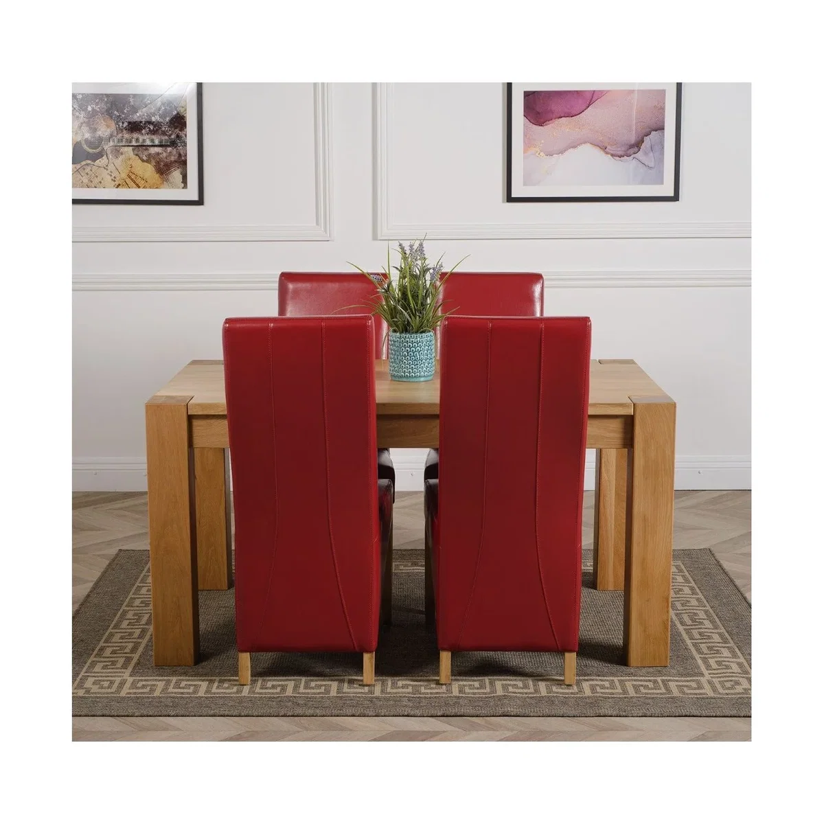 Kuba 150 x 85 cm Chunky Medium Oak Dining Table and 4 Lola Leather Chairs - Red – image 34