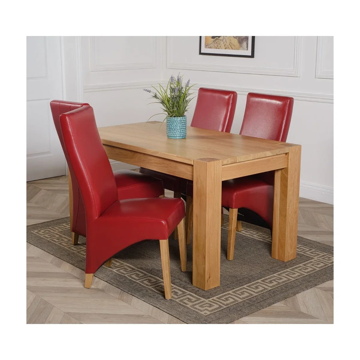 Kuba 150 x 85 cm Chunky Medium Oak Dining Table and 4 Lola Leather Chairs - Red – image 35