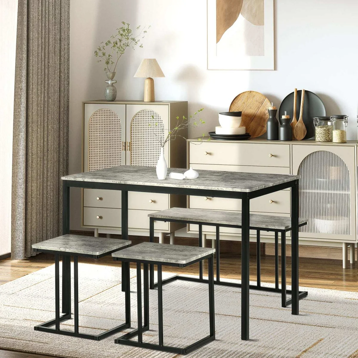Suroso Metal and Wood Grey Concrete-Effect Dining Table and Bench Set for 4 – image 4