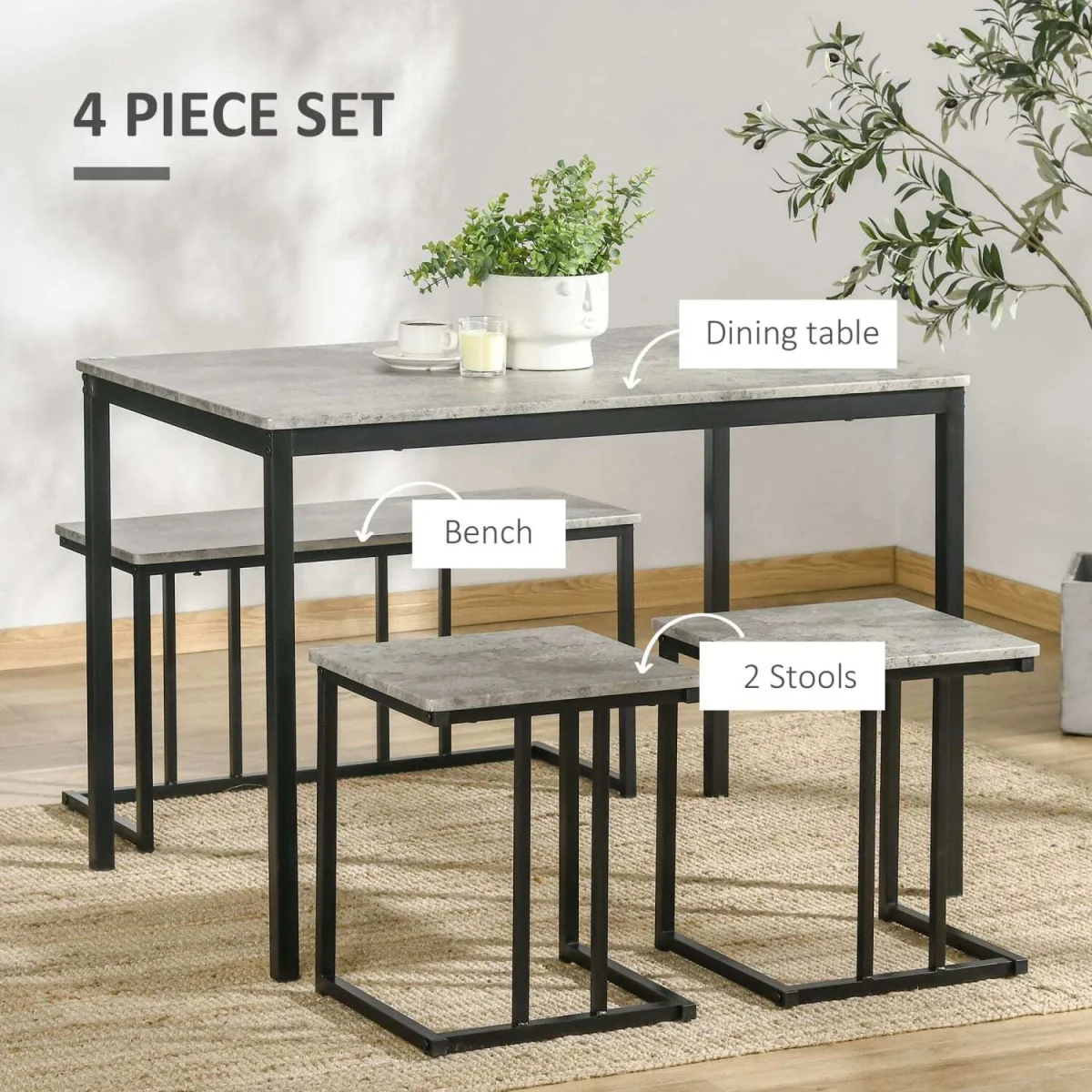 Suroso Metal and Wood Grey Concrete-Effect Dining Table and Bench Set for 4 – image 6