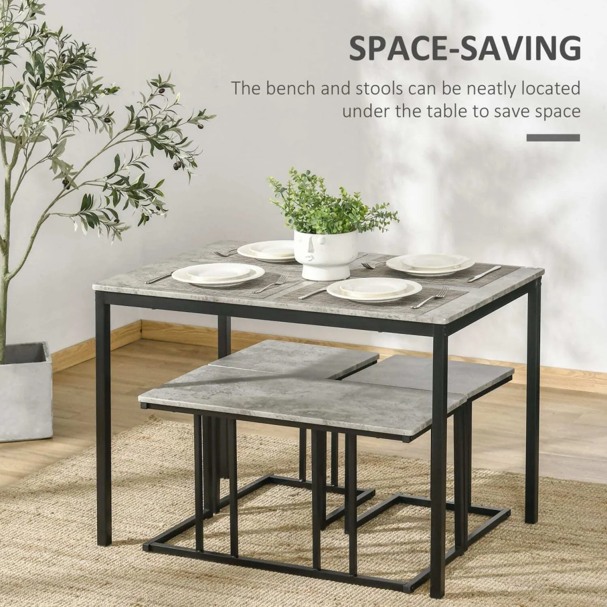 Suroso Metal and Wood Grey Concrete-Effect Dining Table and Bench Set for 4 – image 7