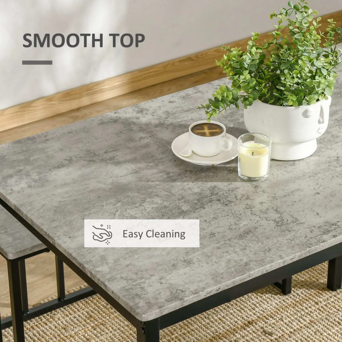 Suroso Metal and Wood Grey Concrete-Effect Dining Table and Bench Set for 4 – image 8