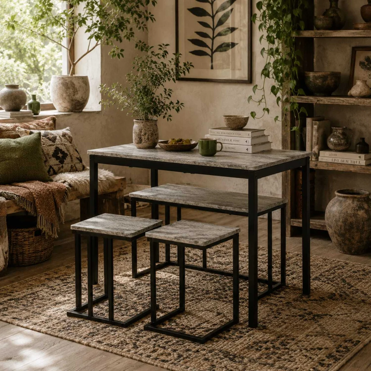 Suroso Metal and Wood Grey Concrete-Effect Dining Table and Bench Set for 4 – image 1