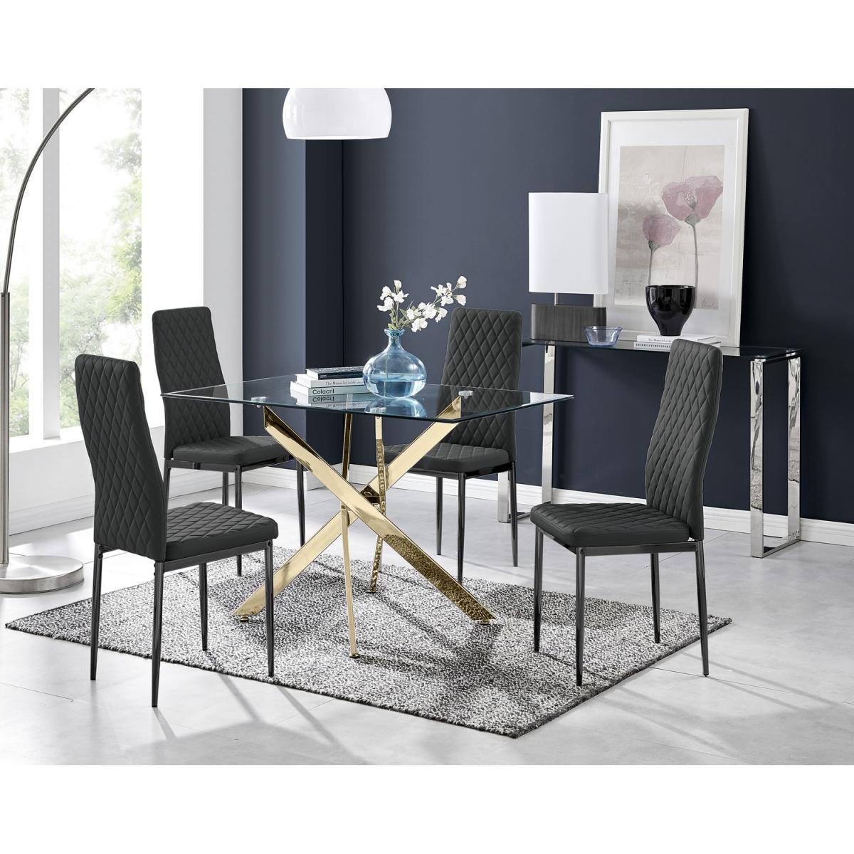 Leonardo 4 Gold Dining Table and 4 Milan Black Leg Chairs - Black – image 2
