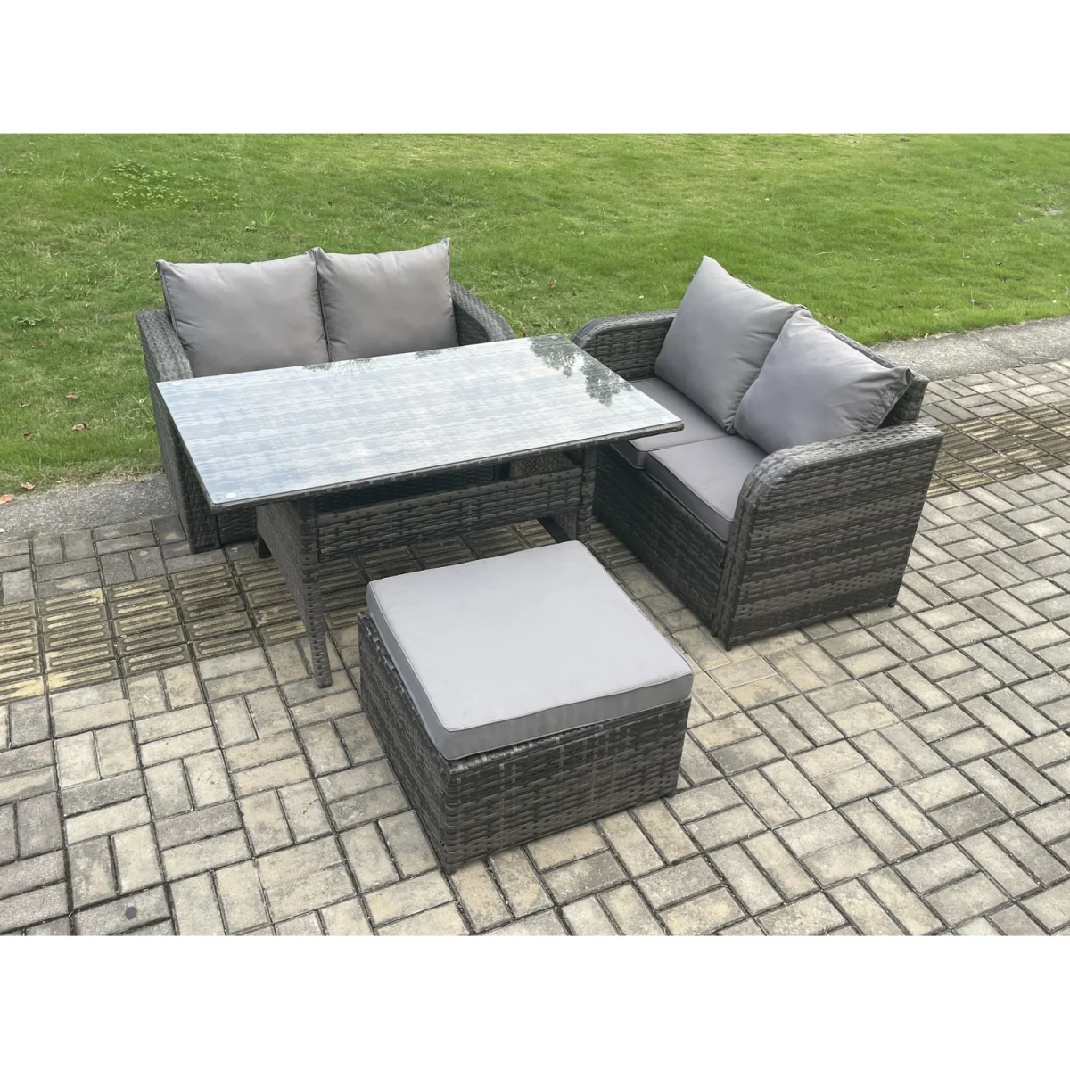 Fimous Rattan Patio Loveseat Dining Set with Footstool - Dark Grey – image 3