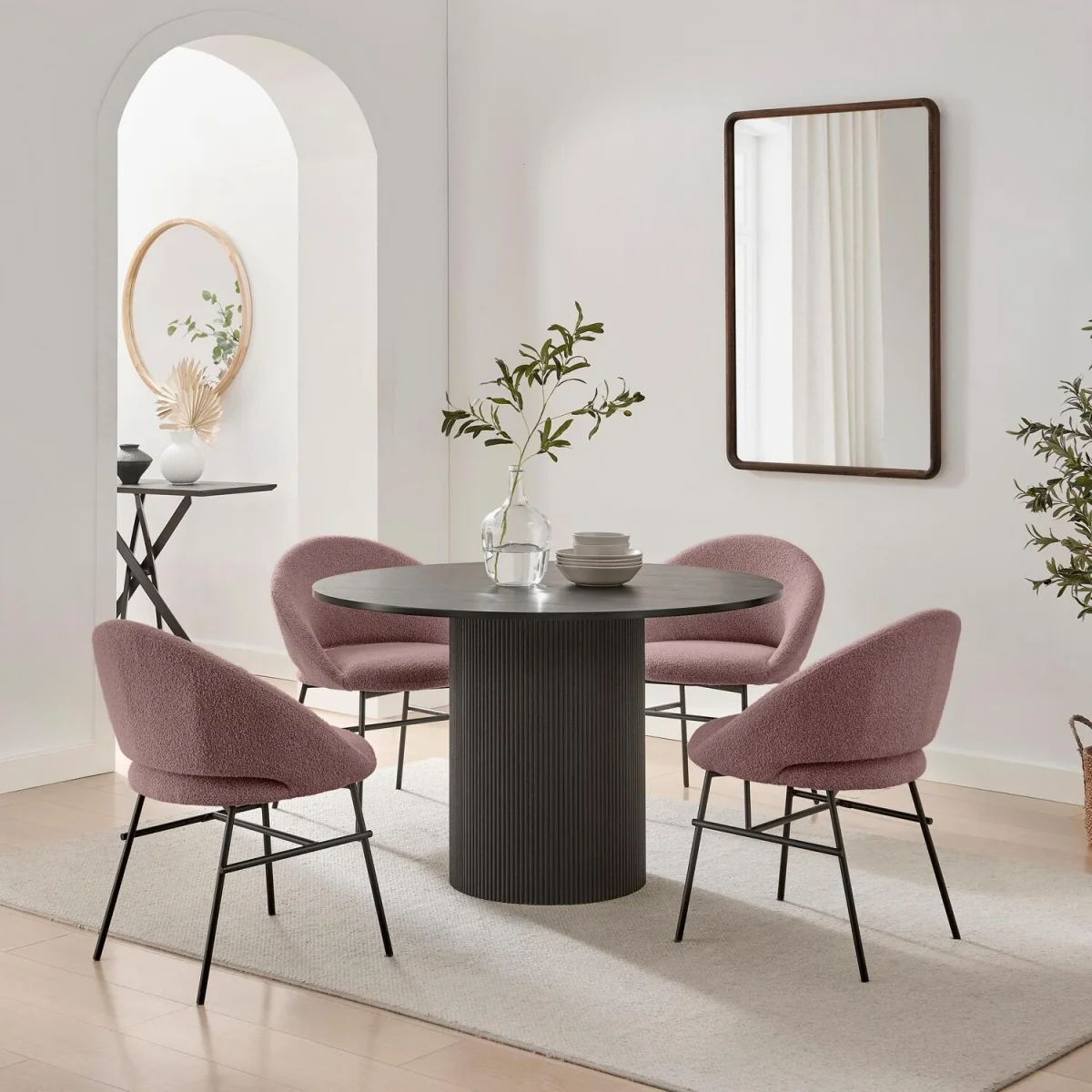 Penrose Round Black Wood Dining Table 4 Nella Chairs - Dusky Pink – image 1