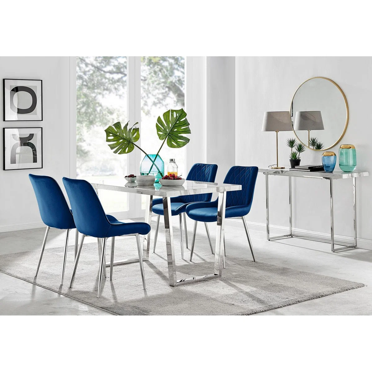Kylo White Marble Effect Dining Table and 4 Pesaro Silver Leg Chairs - Navy – image 33