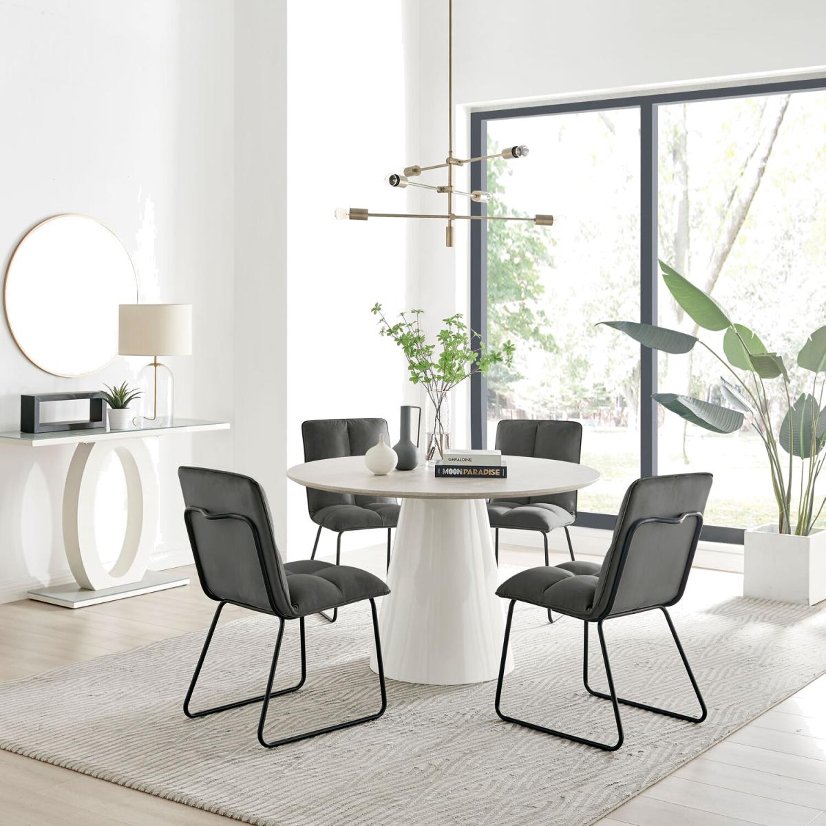 Palma Beige Stone Effect Round Dining Table and 4 Menen Chairs - Dark Grey